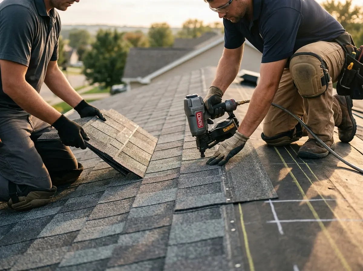 Professional roofer working on a residential roof in Grapevine